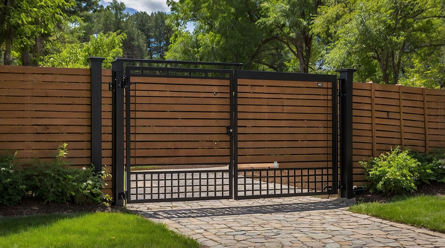 Automated sliding fence gate installed on a residential driveway