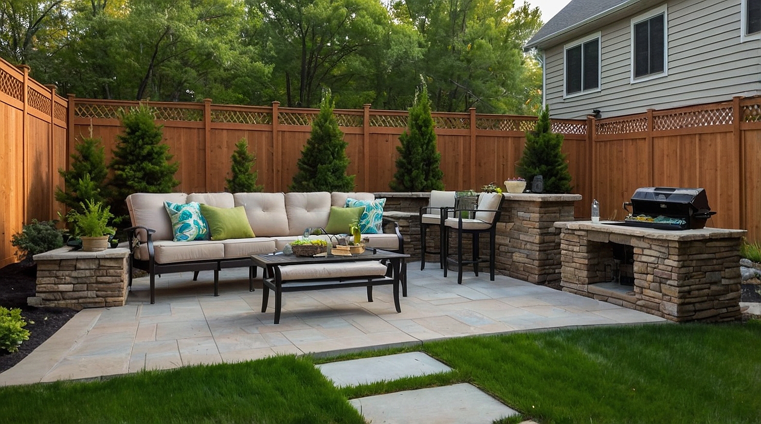 Backyard in Michigan featuring a newly installed vinyl privacy fence with green grass and patio furniture