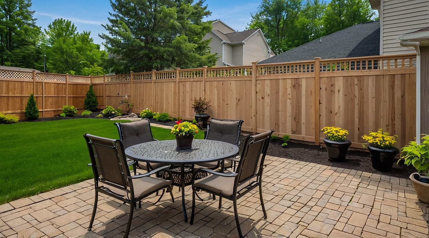 Backyard in Michigan featuring a newly installed wooden privacy fence with green grass and patio furniture