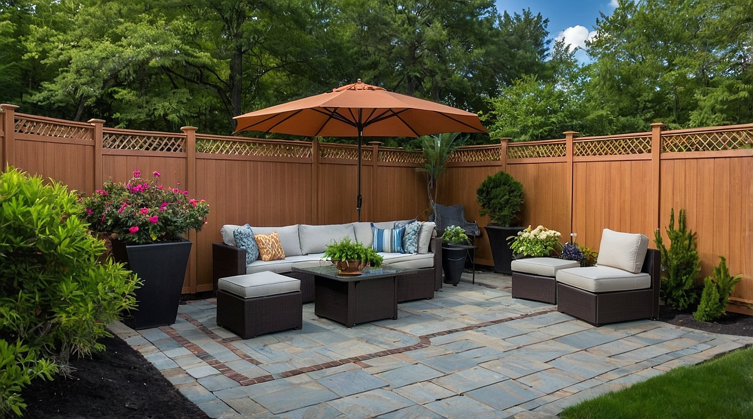 Backyard vinyl privacy fence with garden and patio furniture