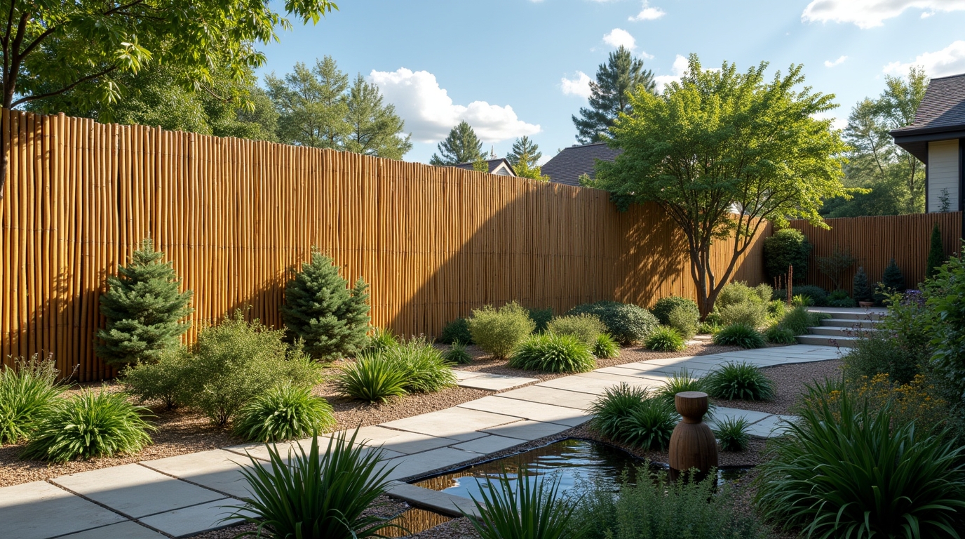 Bamboo fencing around a landscaped backyard