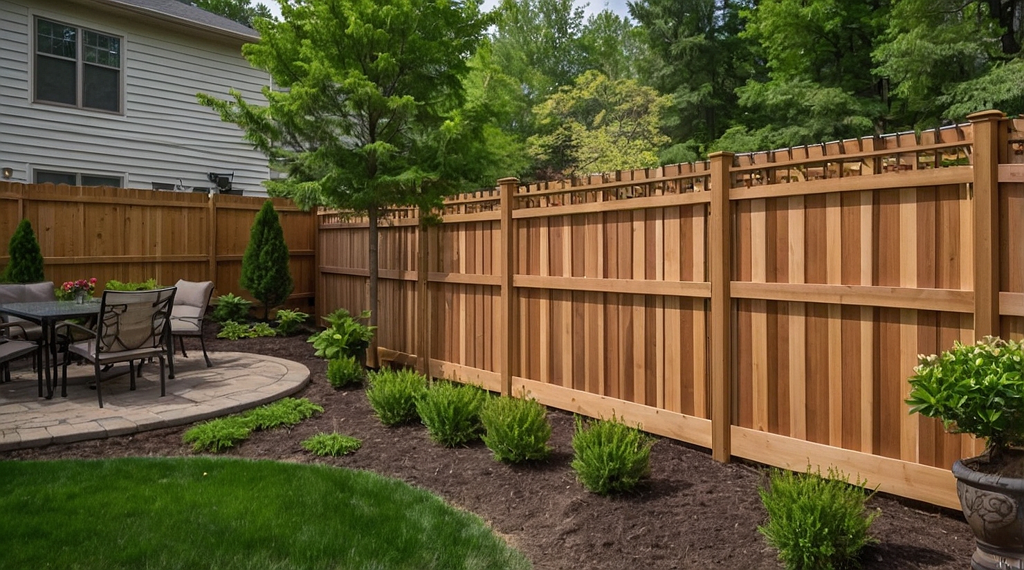 Cedar wood privacy fence enclosing a landscaped backyard in Ann Arbor, Michigan