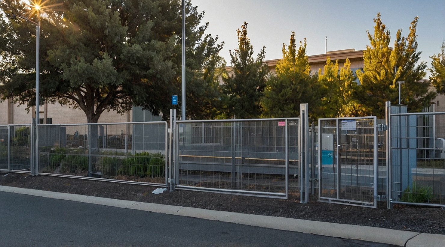 Chain link fence with privacy slats surrounding a clinic’s outdoor equipment area