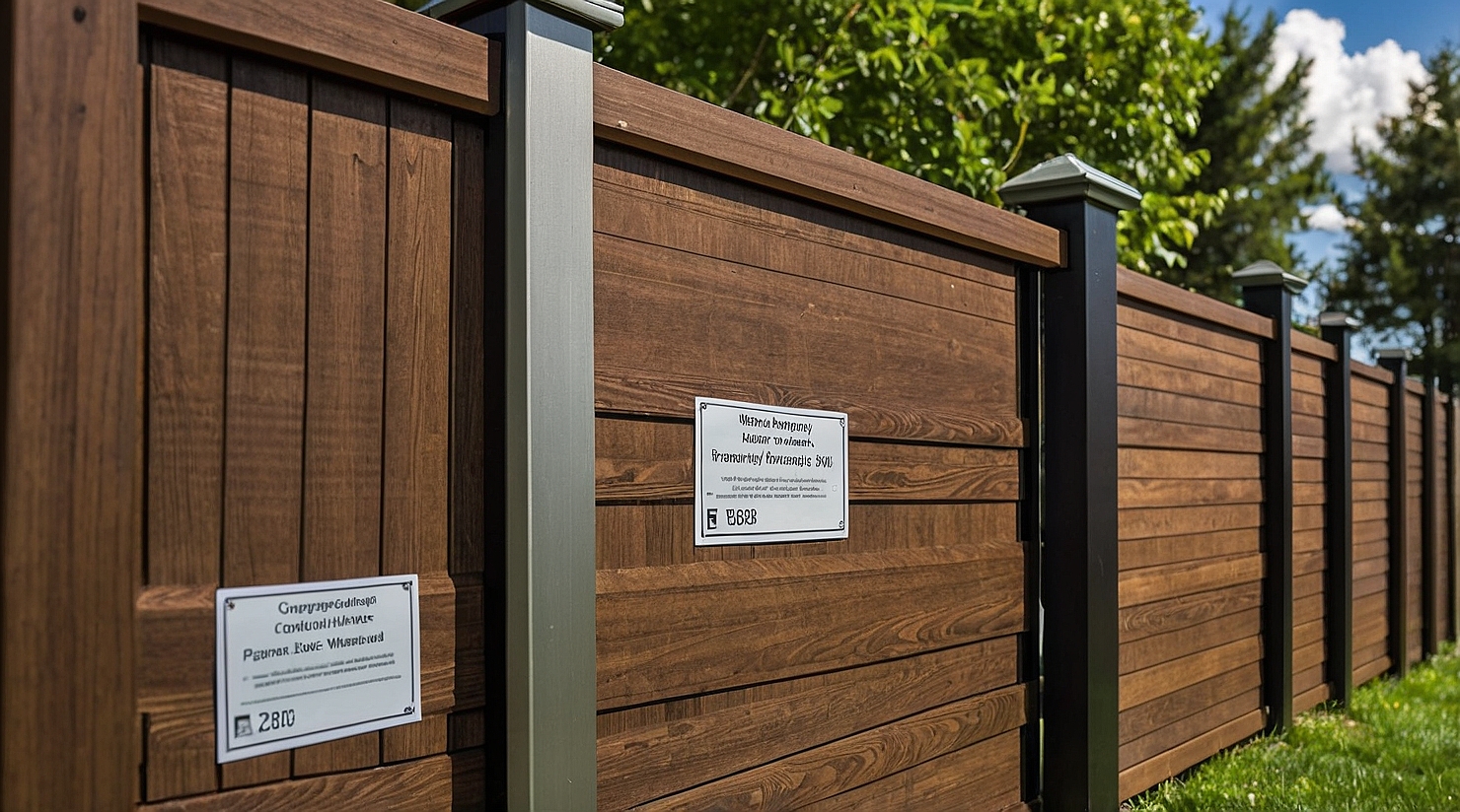 Close‑up of composite fence panels labeled with warranty information