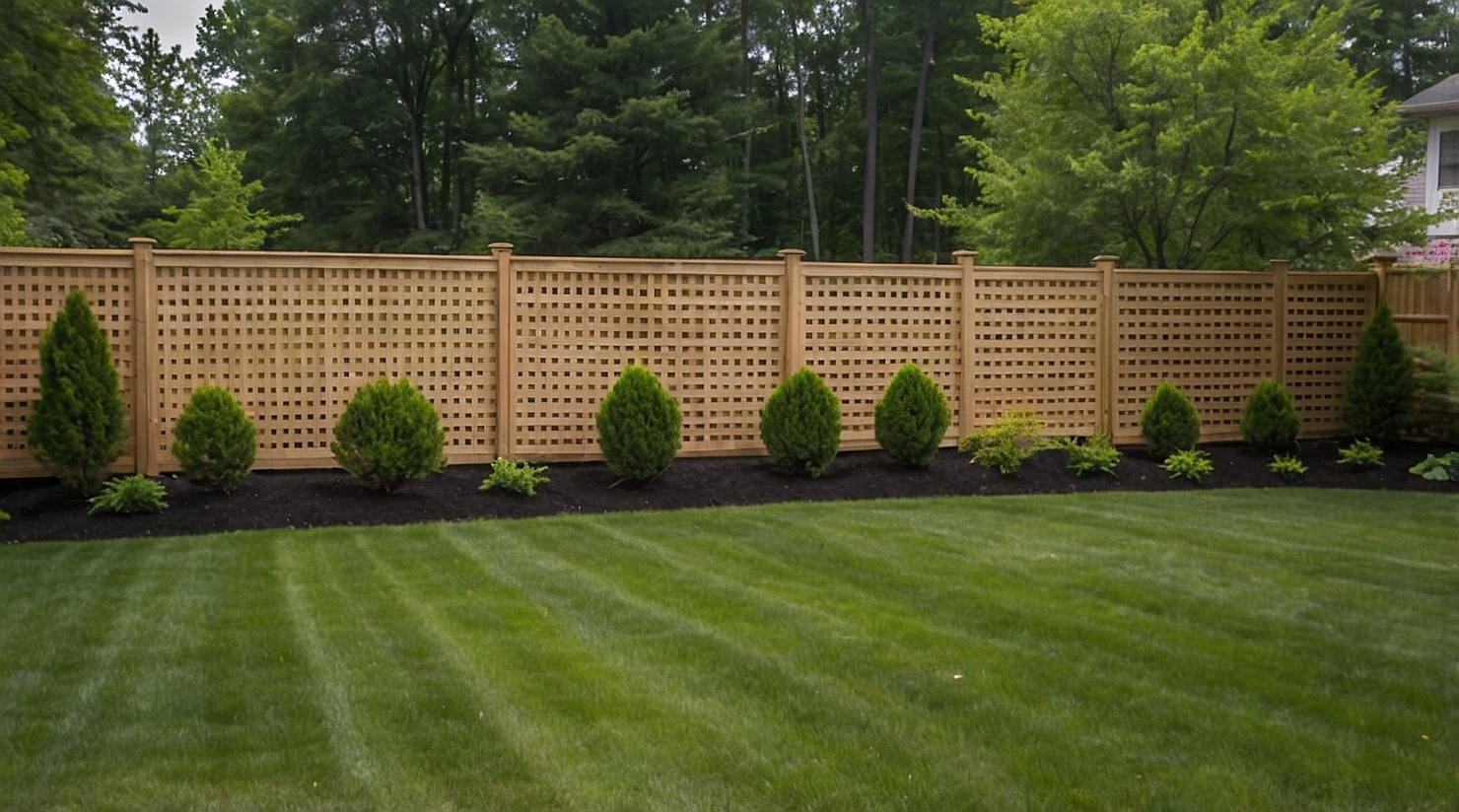 Completed cedar privacy fence with lattice top designed and installed by Superior Fence in a landscaped Michigan backyard