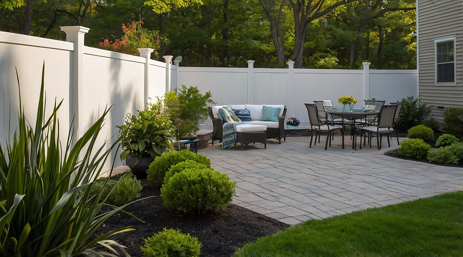 Composite fencing around a landscaped outdoor dining space at sunset