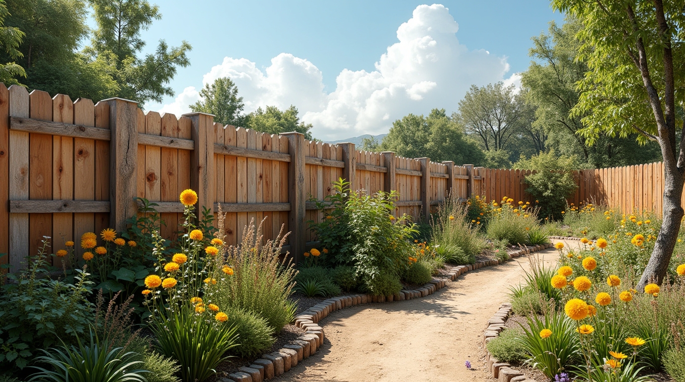 Eco-friendly wooden fence enclosing a native plant garden