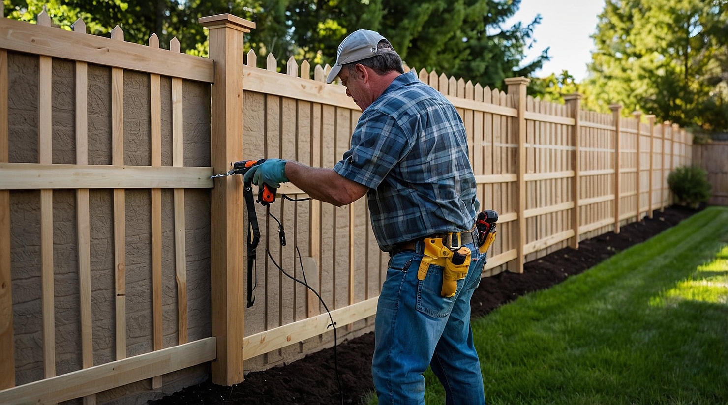 Experienced fence contractor installing a residential vinyl fence