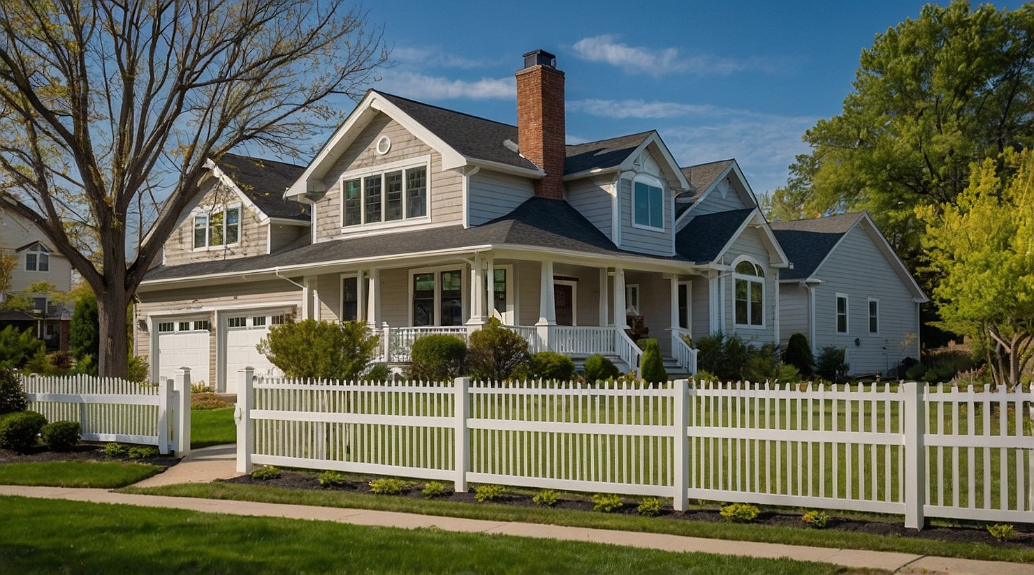 Front yard with a white vinyl picket fence enhancing the home’s curb appeal in Michigan