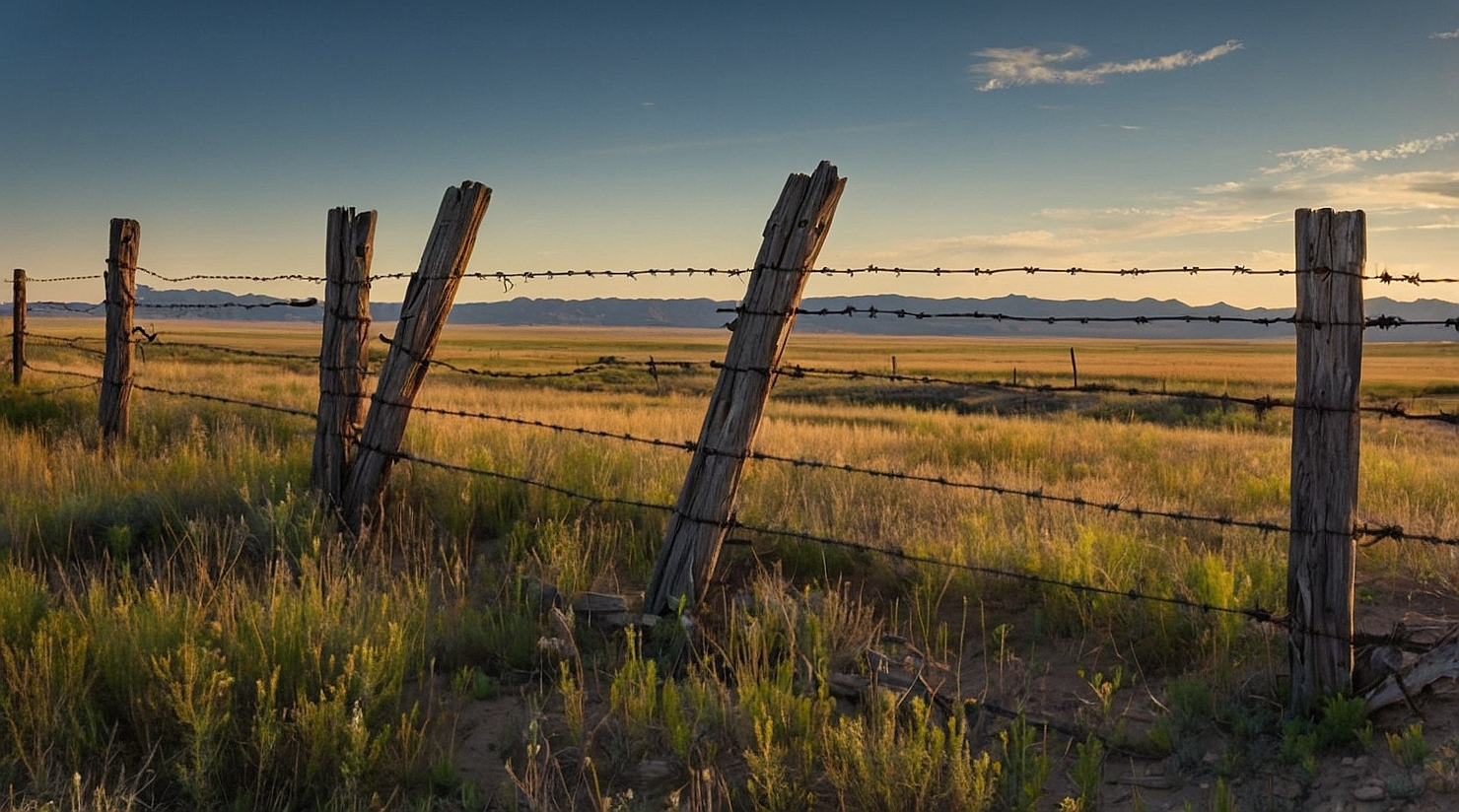 Historic barbed wire ranch fence on American plains in late 1800s