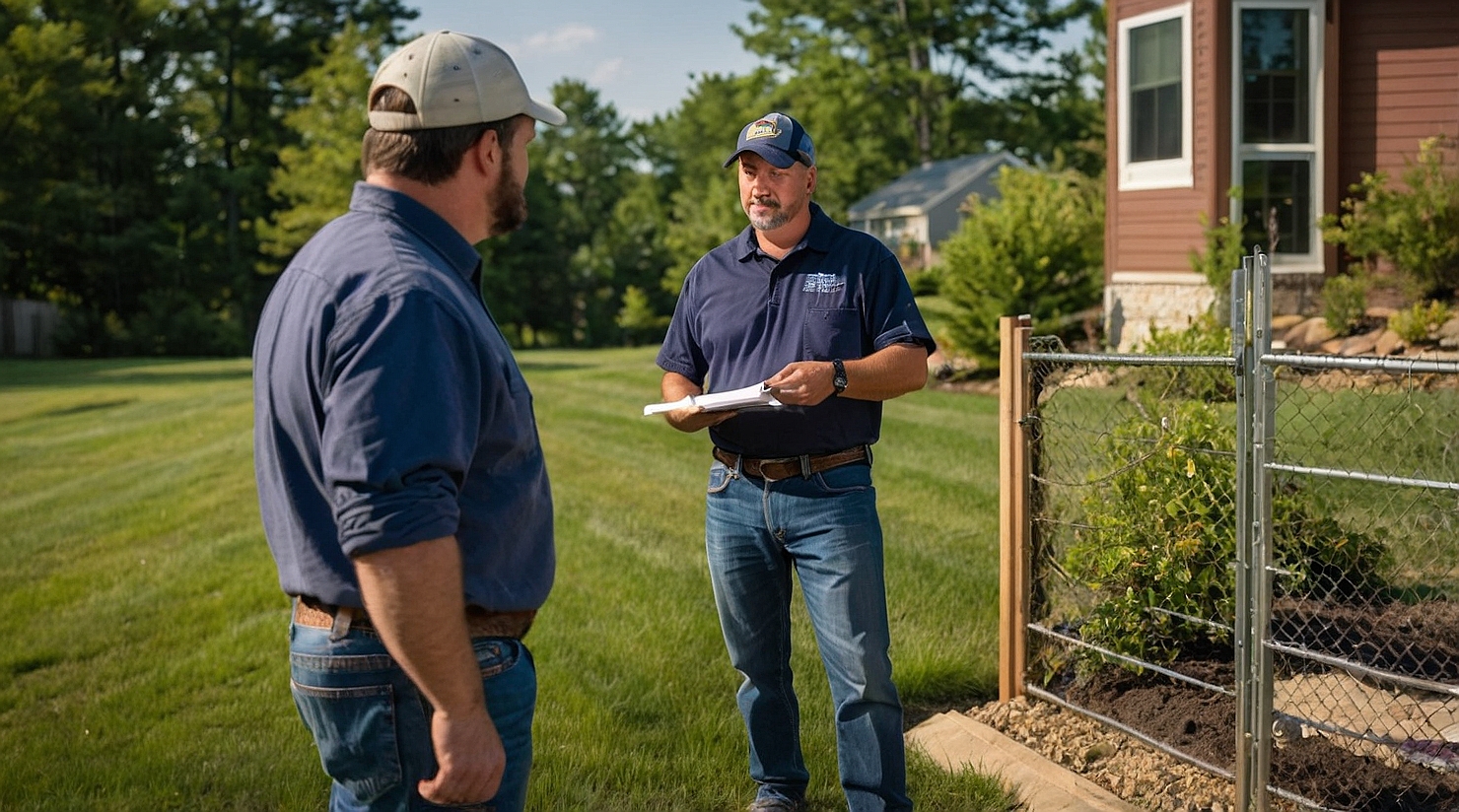 Installer checking fence post alignment before concrete setting