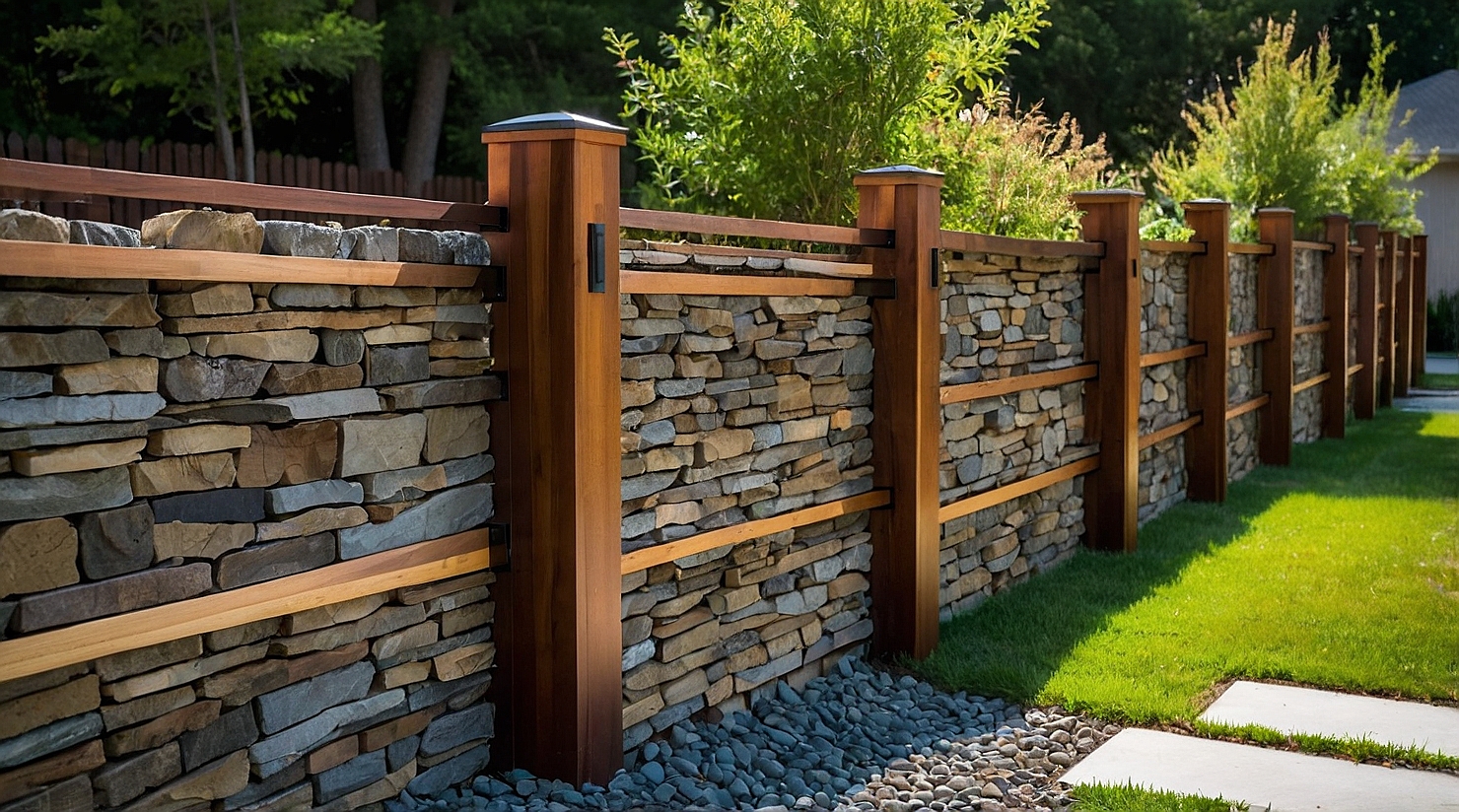 Mixed material fence design featuring wood, metal, and stone elements