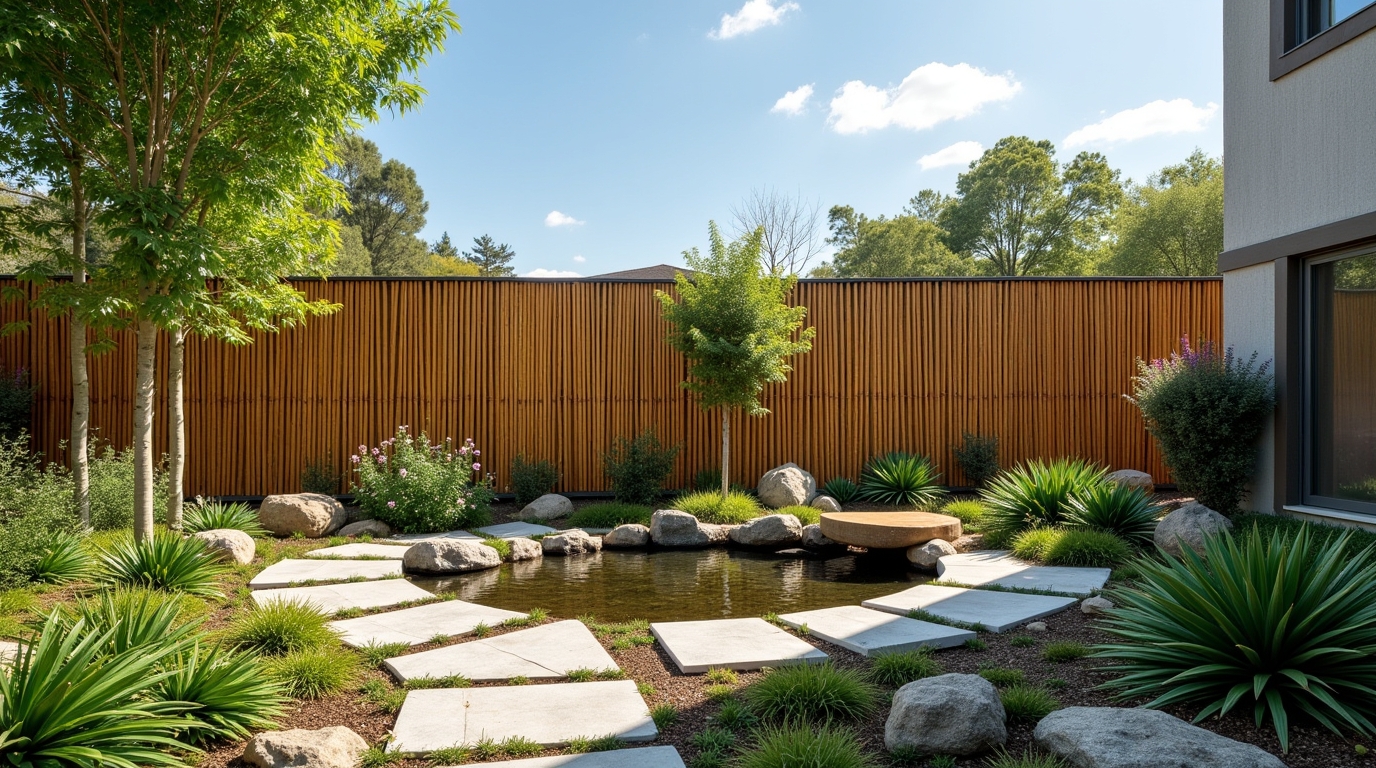 Modern bamboo privacy fence integrated with sustainable landscaping features