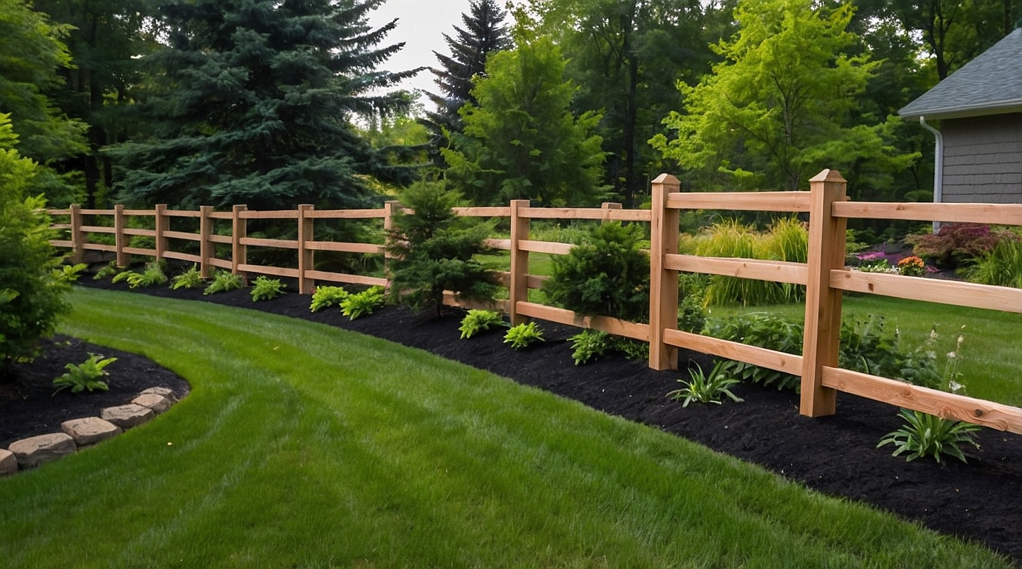 Modern cedar split rail fence styled after colonial-era design in a Michigan
