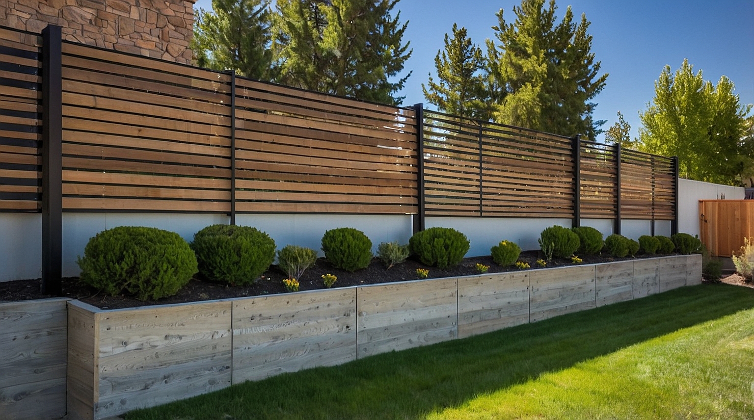 Modern horizontal slat fence with a minimalist backyard landscape