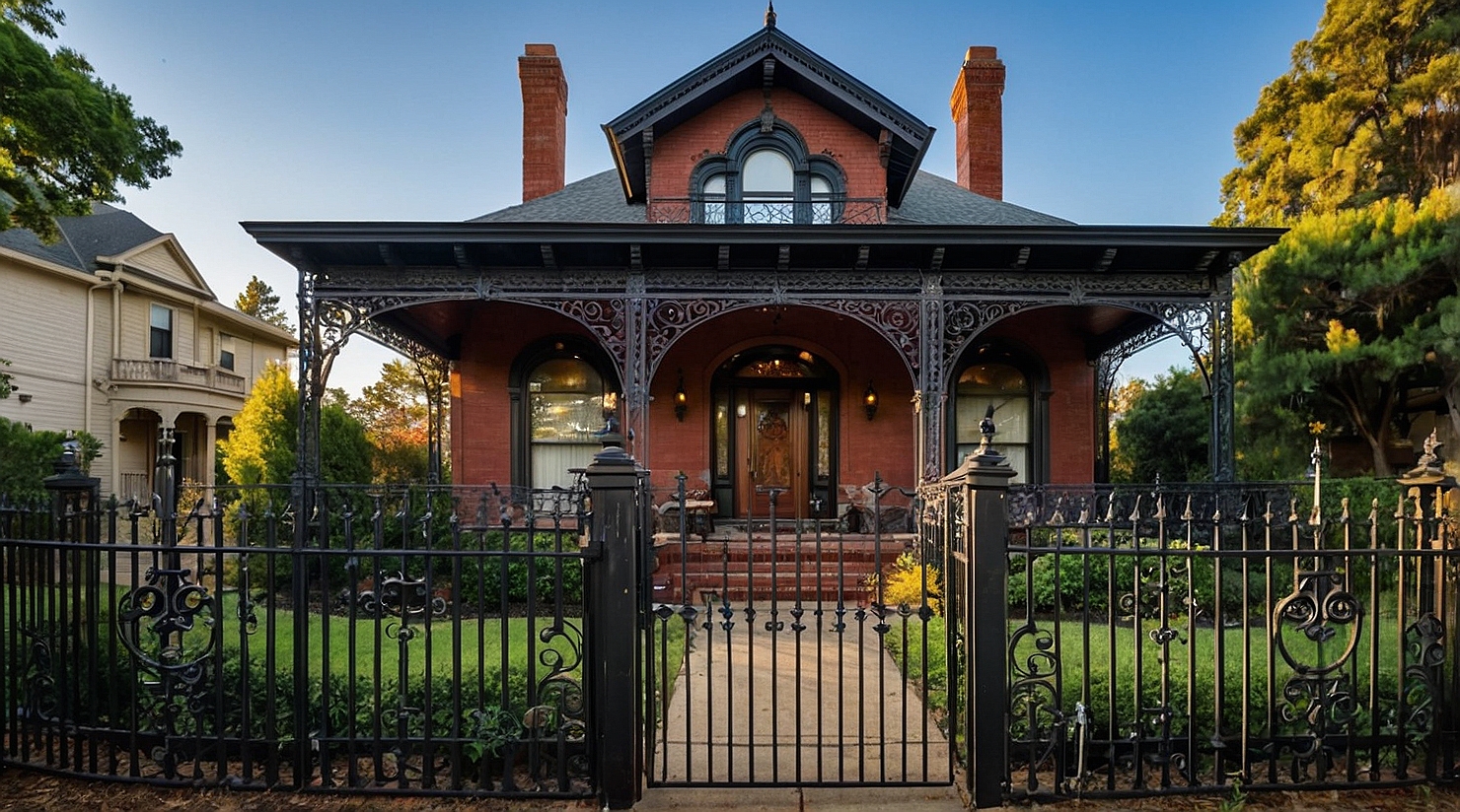 Ornate wrought iron fence surrounding a classic Victorian home