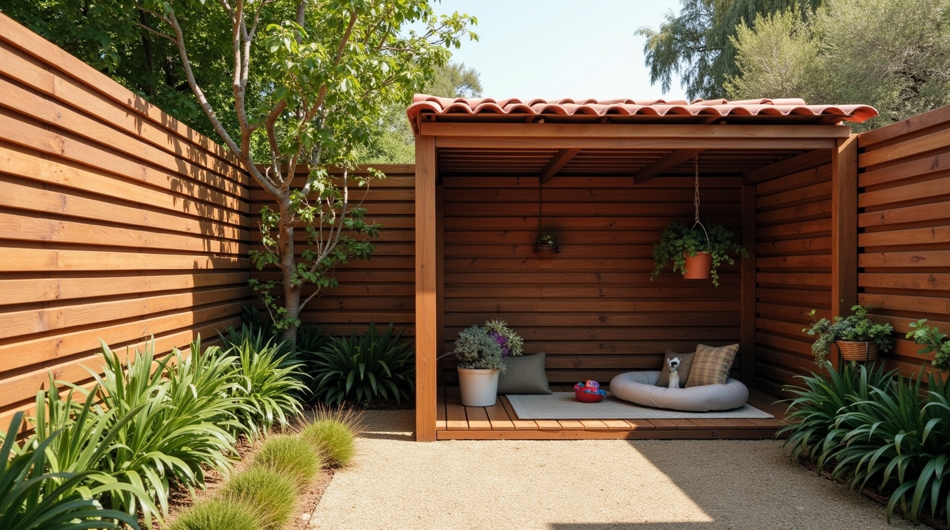 Pet enclosure installation with privacy fencing and shaded resting area