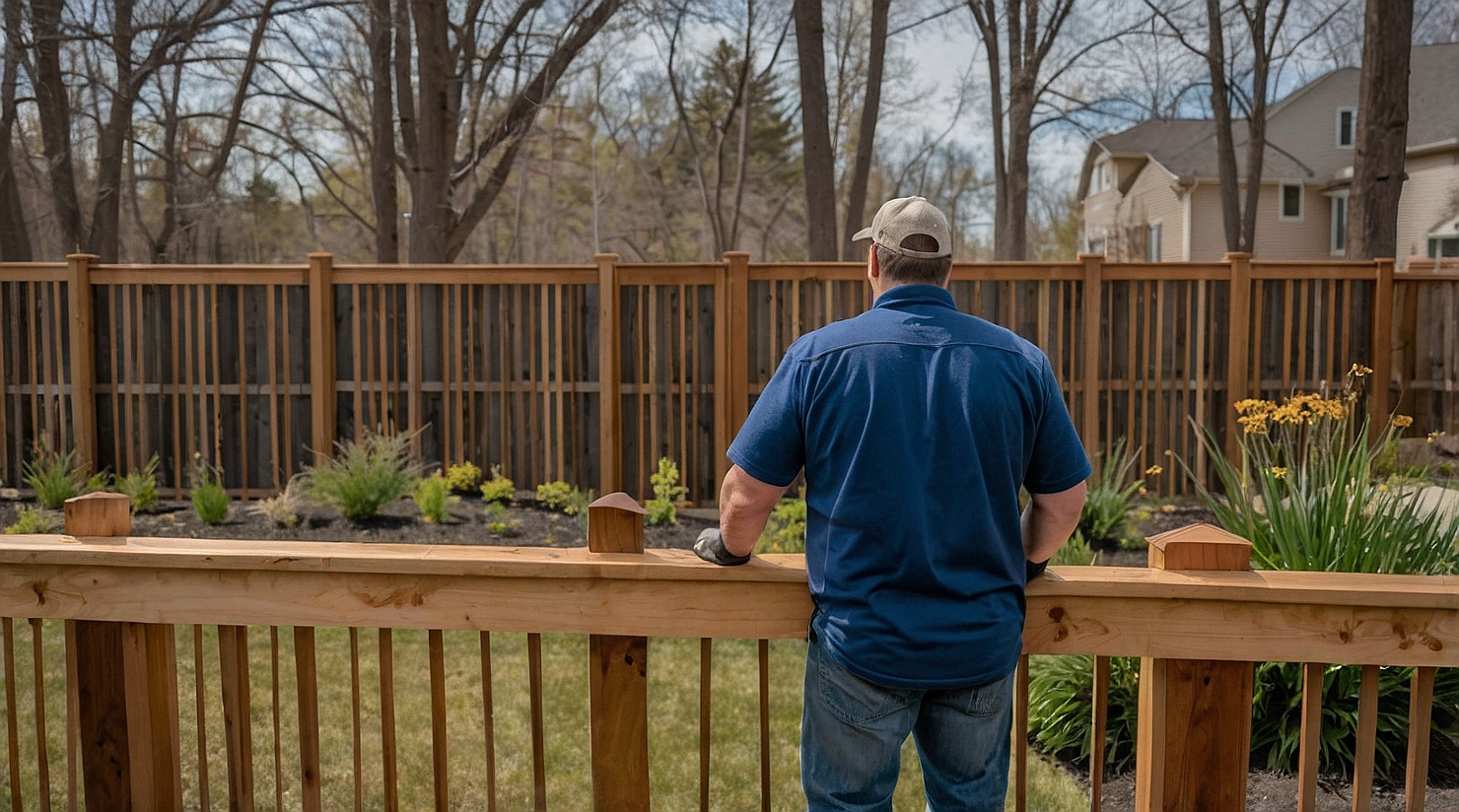 Professional crew from Superior Fence installing a wooden fence under clear spring skies