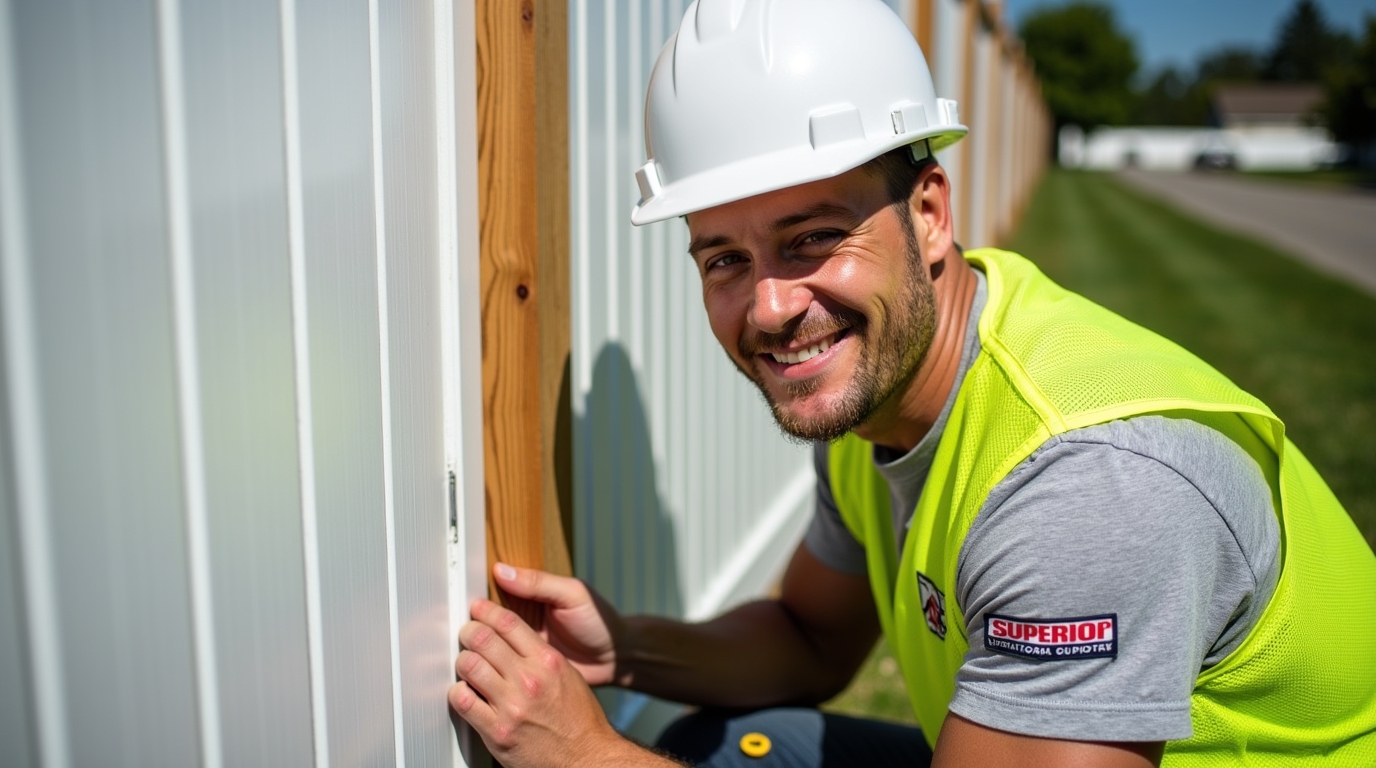 Professional fence installer from Superior Fence securing a vinyl fence panel