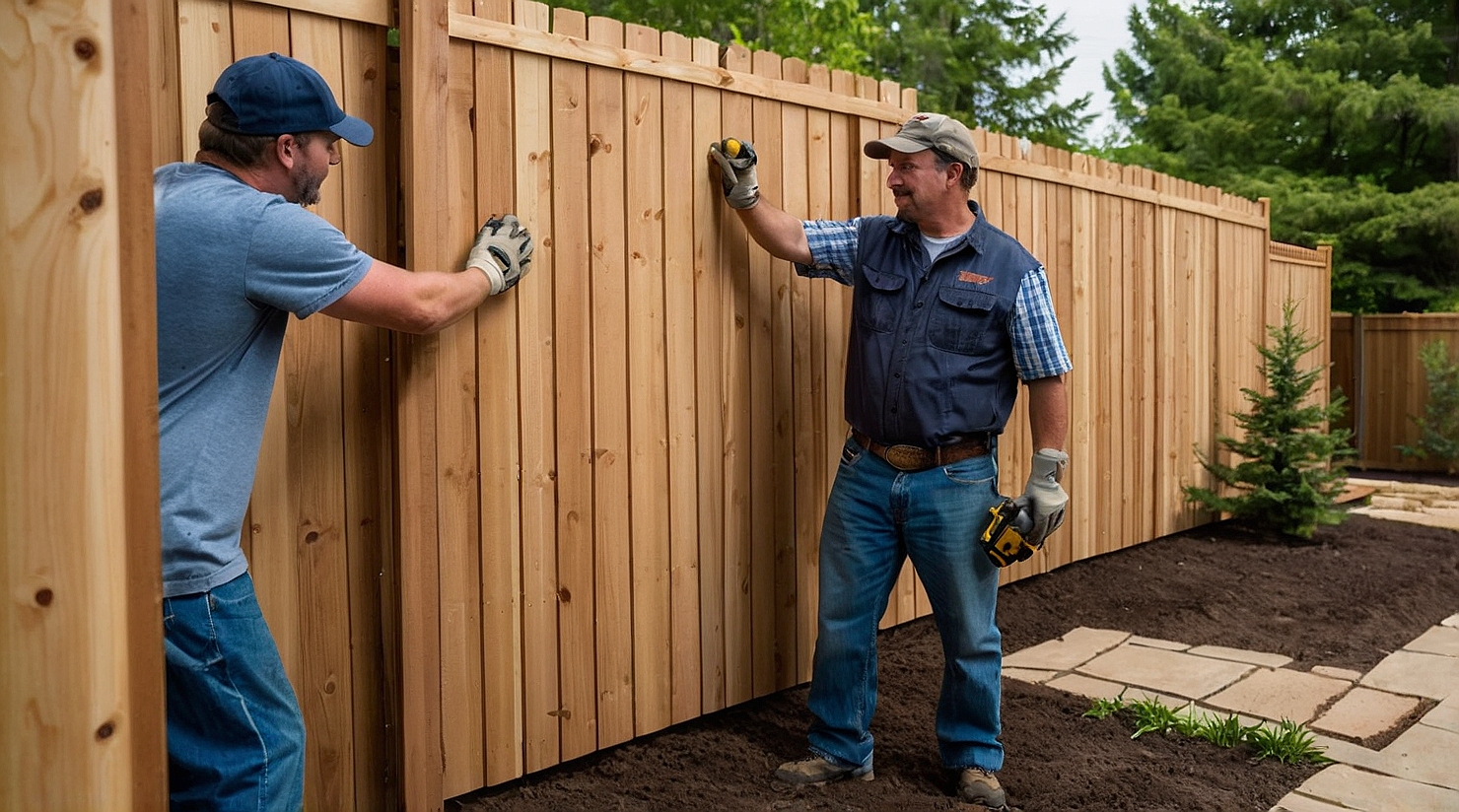 Professional installers from Superior Fence constructing a wooden privacy fence on residential property in Michigan