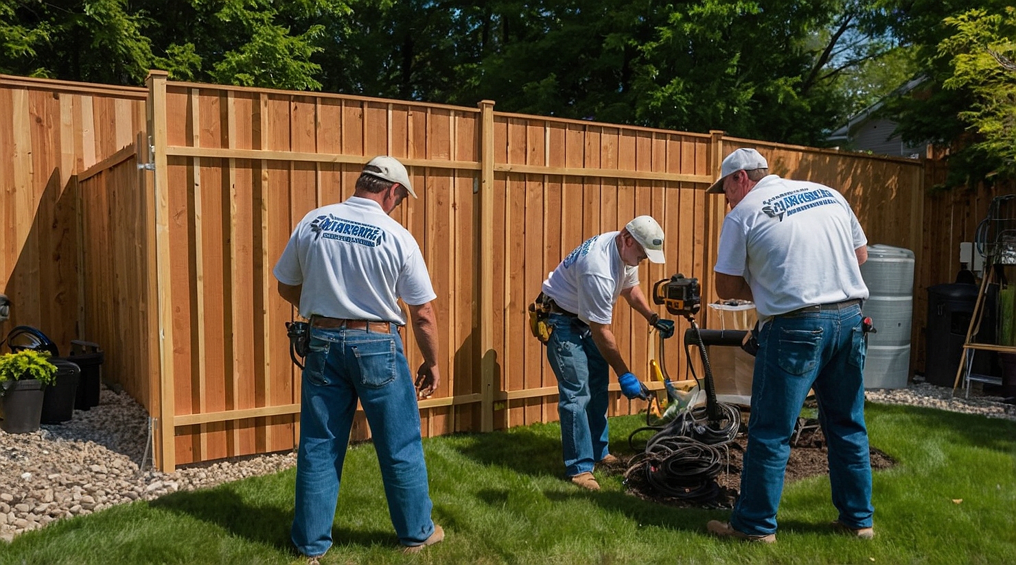 Professional team from Superior Fence Michigan installing a wooden privacy fence in a residential backyard