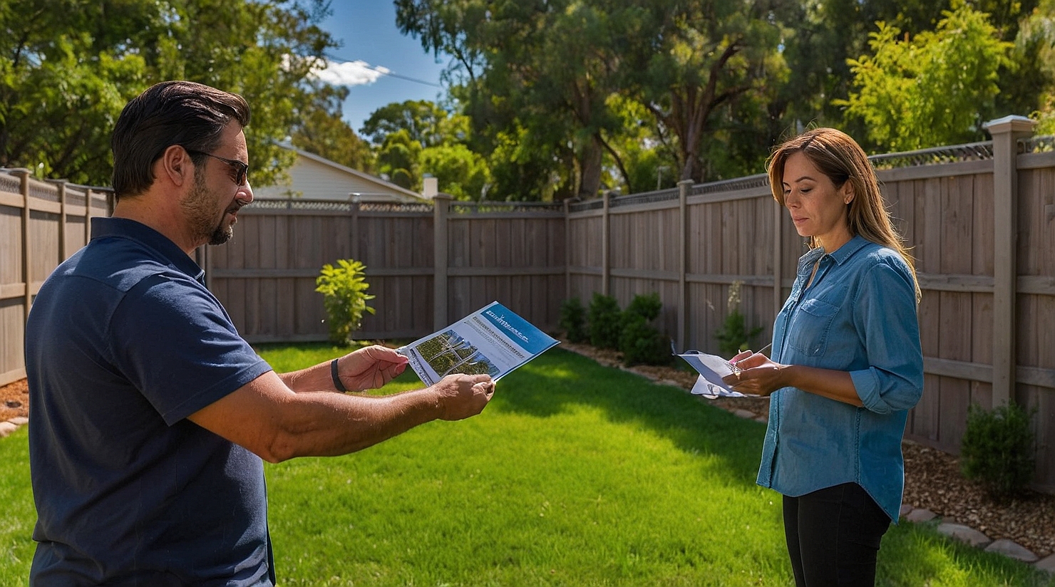 Real estate agent evaluating a fenced residential property for market listing