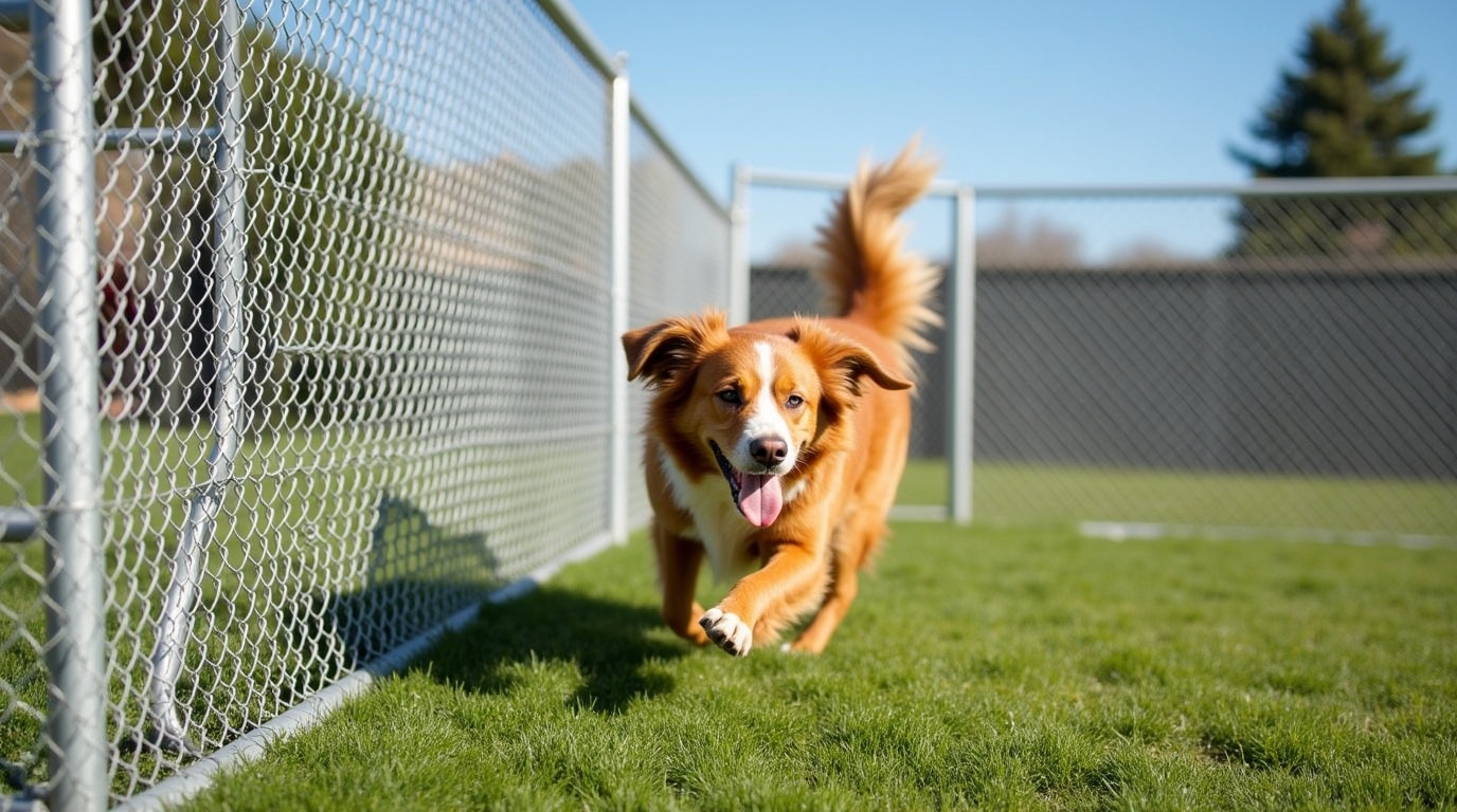 Secure chain-link dog run with a large dog inside on a sunny day