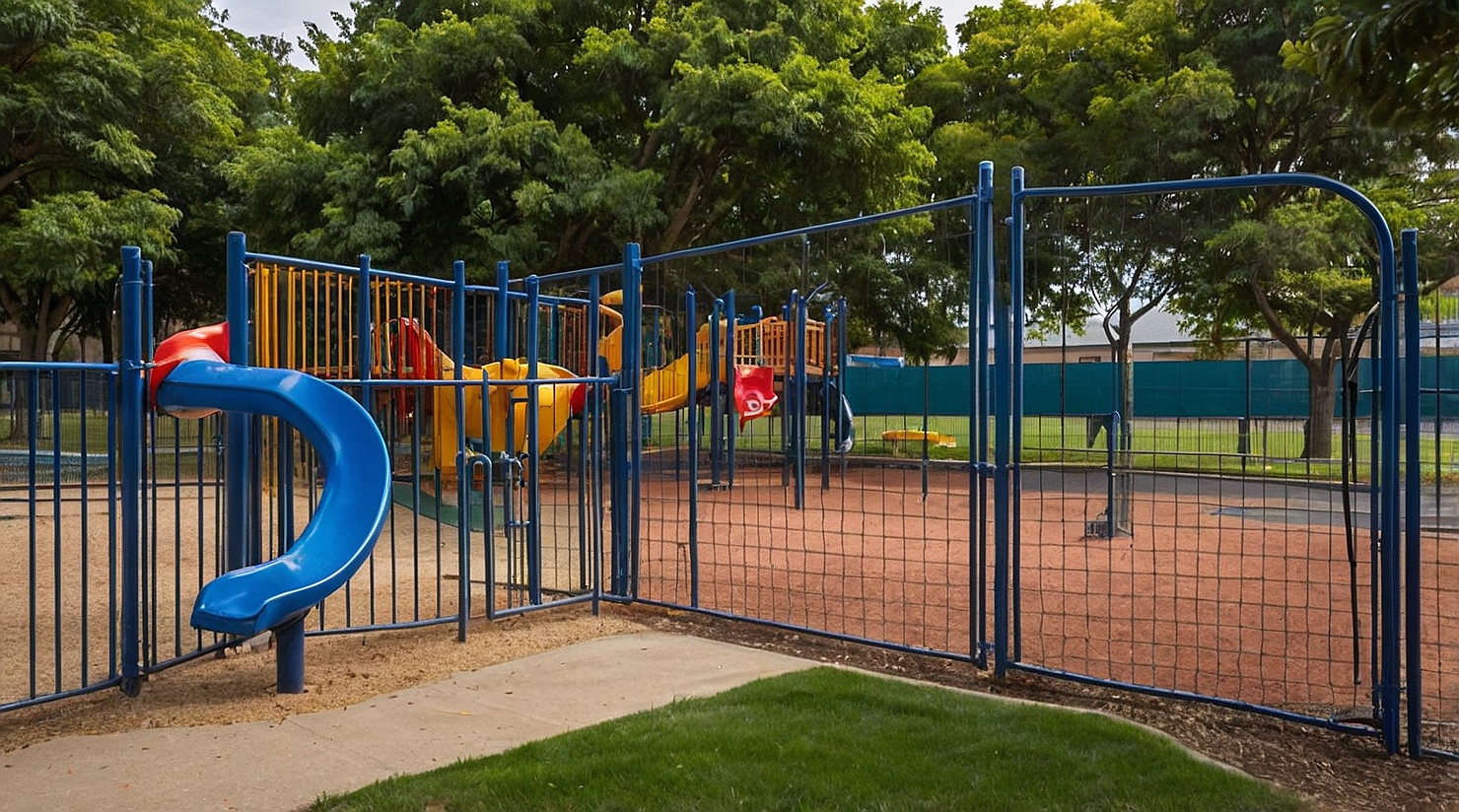 Secure school fence surrounding a playground area with children playing
