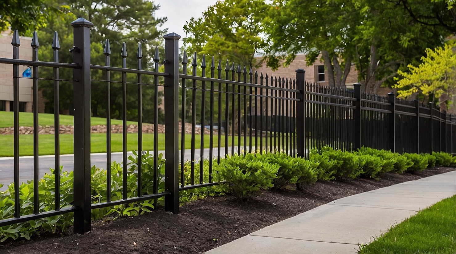 Steel ornamental fence and keypad entry gate at healthcare facility entrance