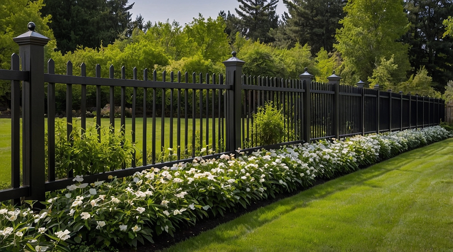 Wide view of a decorative aluminum fence surrounding a large estate