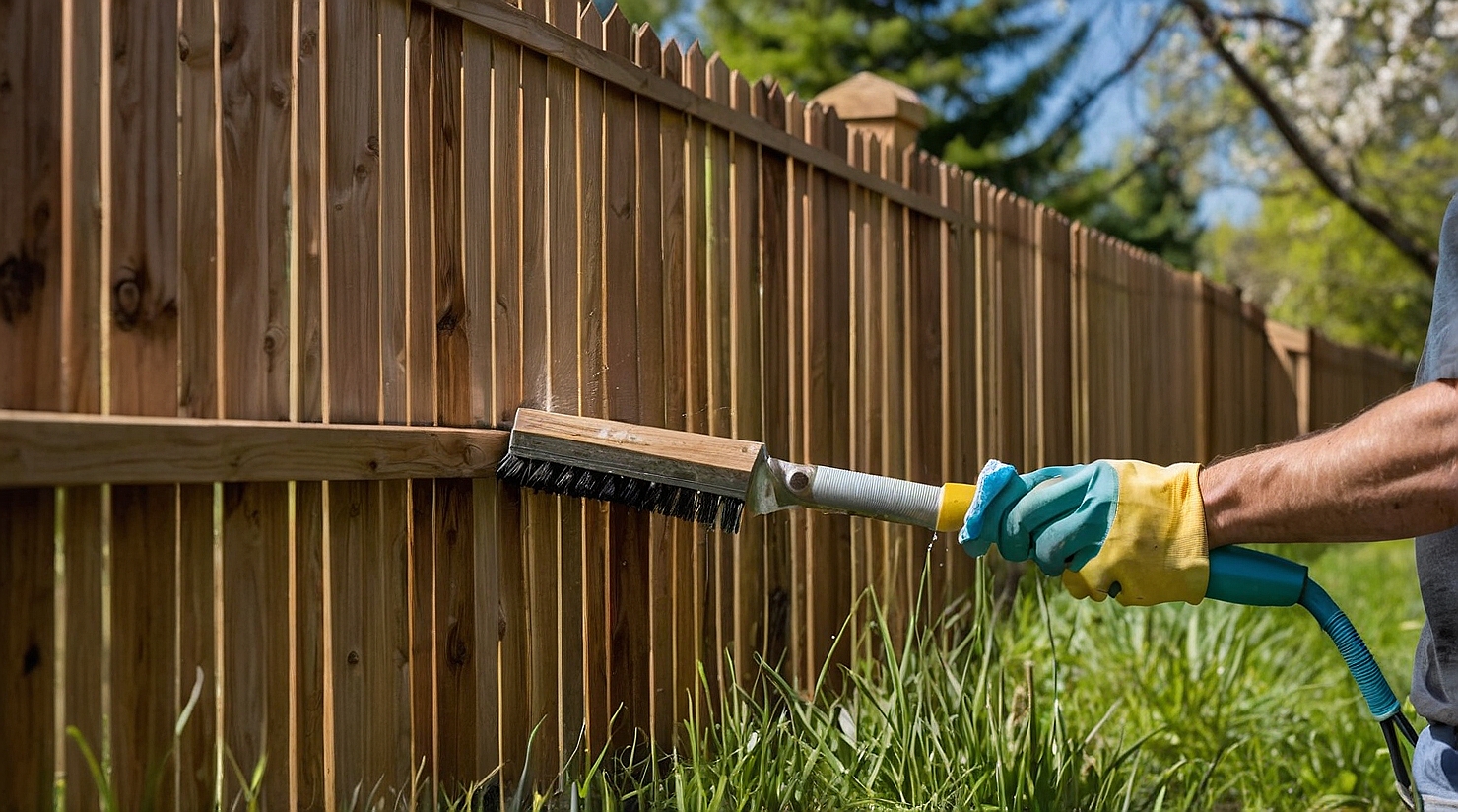 Wood fence being cleaned with a brush and soap during spring maintenance