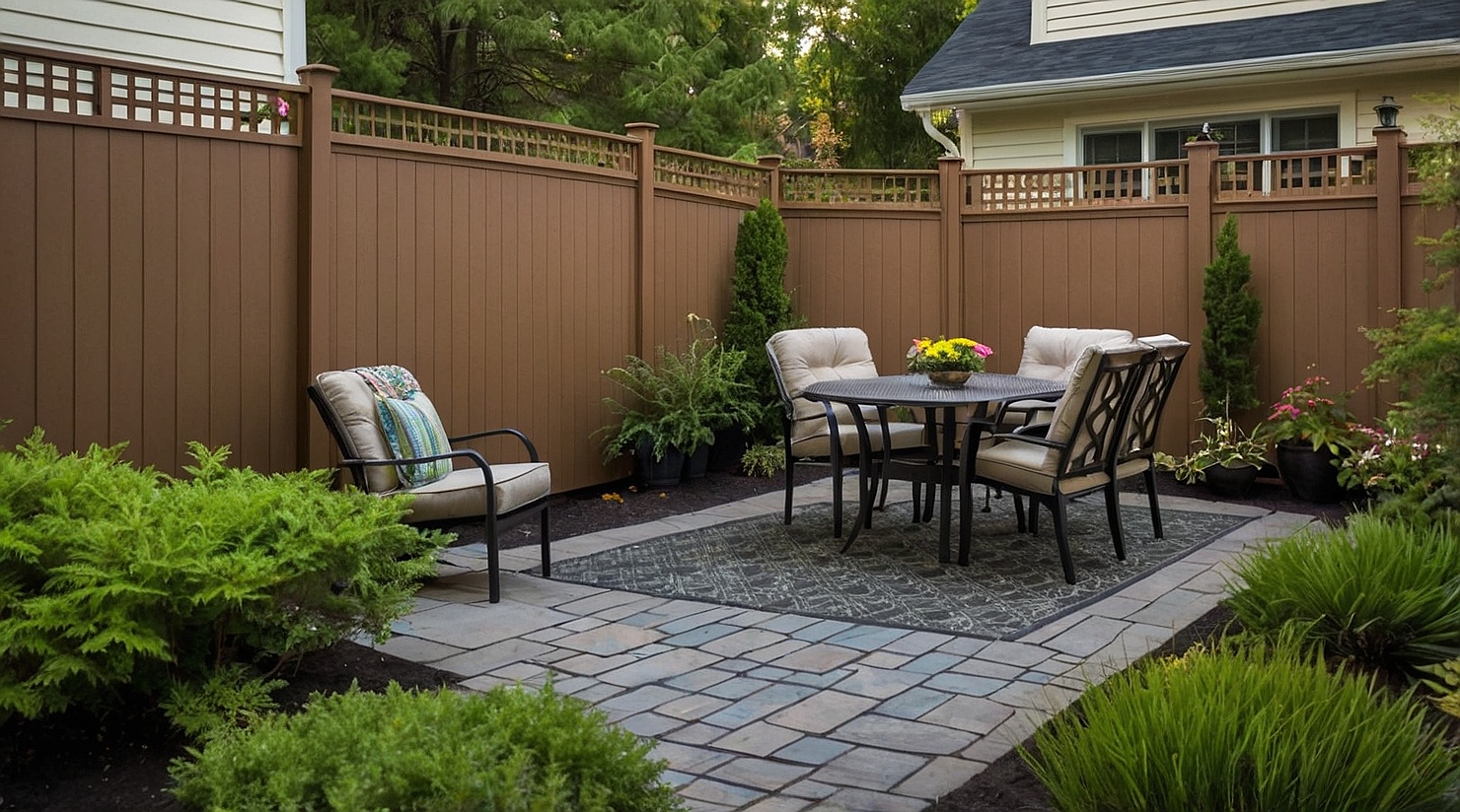 Wooden fence enclosing a quiet backyard reading area with greenery