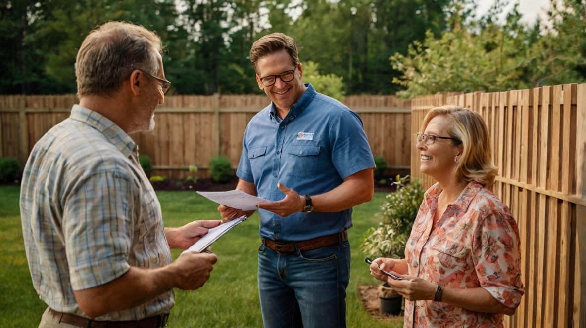 team member discussing custom fence design options with a homeowner in Michigan during an on-site consultation